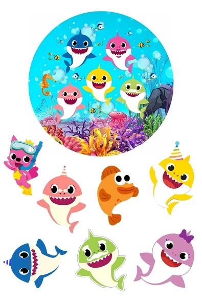 BatıDoğu Yenilebilir Yuvarlak Pasta ve Figür Resim Baskısı Şekerli Kağıt Baby Shark Temalı 40 ürün görseli 1