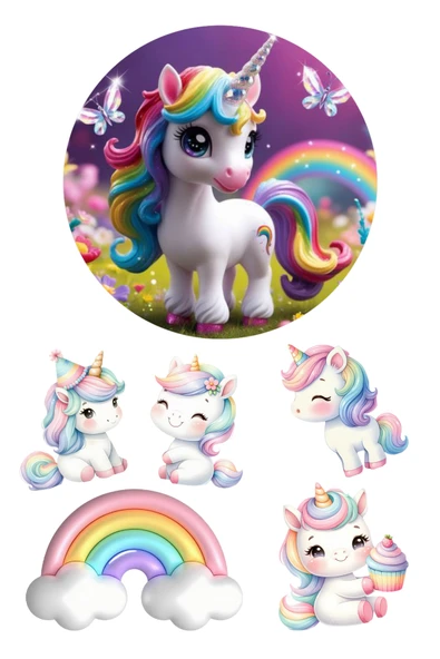 BatıDoğu Yenilebilir Yuvarlak Pasta ve Figür Resim Baskısı Şekerli Kağıt Unicorn Temalı 29 ürün görseli 1