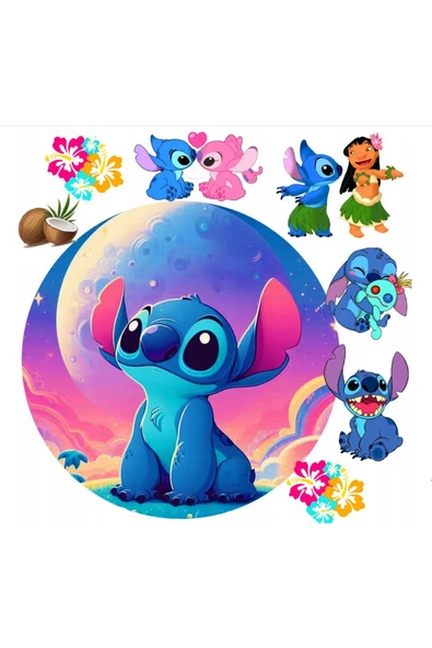 hediyehobihersey Stitch ve lilo Yenilebilir Pasta Kurabiye Şeker Hamuru Kağıt Baskısı ürün görseli 1