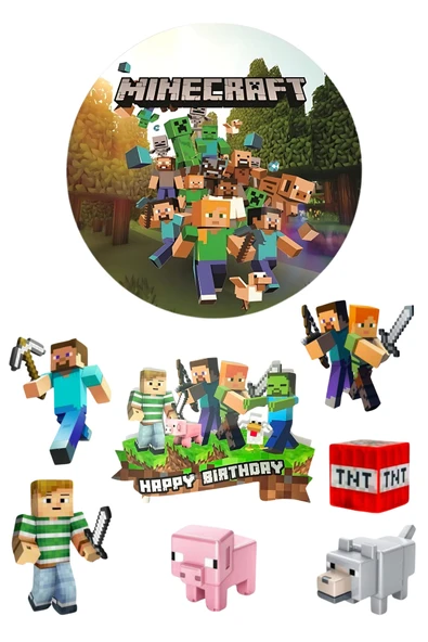 BatıDoğu Yenilebilir Yuvarlak Pasta ve Figür Resim Baskısı Şekerli Kağıt Minecraft Temalı 36 ürün görseli 1