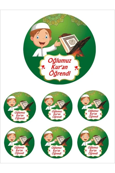 Pasta9 Yenilebilir Pasta Resmi Oğlumuz Kur'an Öğrendi Pirinç Kağıdından 6-8-10 Kişilik Pastaya Uygun 16 cm ürün görseli 1
