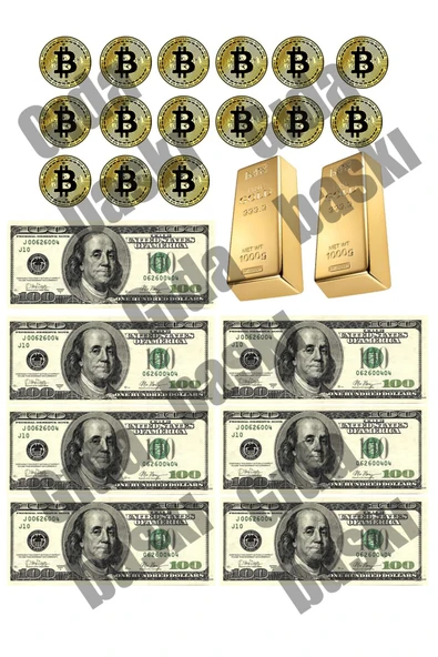 Lyroni Yenilebilir Şeker Kağıt Dolar Bitcoin Altın Temalı Pasta Süsleme ürün görseli 1