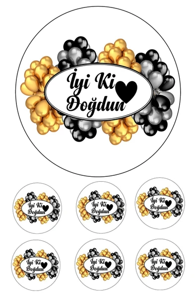 Pasta9 Yenilebilir Pasta Resmi Iyi Ki Doğdun Modeli Gold Gümüş Siyah 6-8-10 Kişilik Pastaya Uygun 16 Cm ürün görseli 1