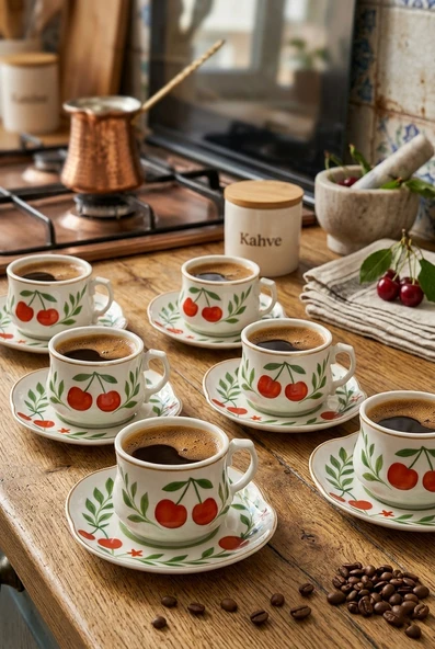 Acar Kiraz Desenli 6 Kişilik Kahve Fincanı Takımı 90 ml 09502 ürün görseli 1
