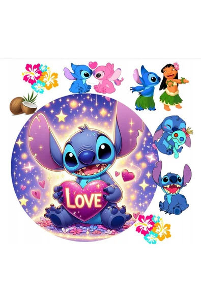 hediyehobihersey Stitch ve Lilo Pasta Kurabiye Şeker Hamuru Kağıt Baskısı, Resimli Pasta ürün görseli 1