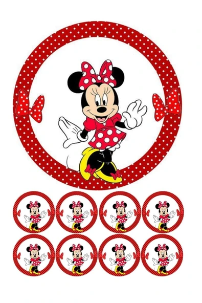 hediyehobihersey Minnie Mouse Resimli Yenilebilir Şeker Kağıt Pasta Ve 8 Adet Kurabiye Baskısı ürün görseli 1
