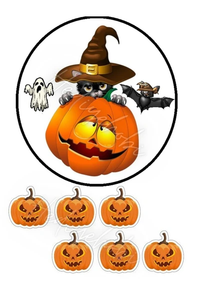 hediyehobihersey Halloween Cadılar Bayramı Resimli Yenilebilir Pasta Üstü Şeker Kağıdı Baskısı, Yenilebilir Baskı ürün görseli 1
