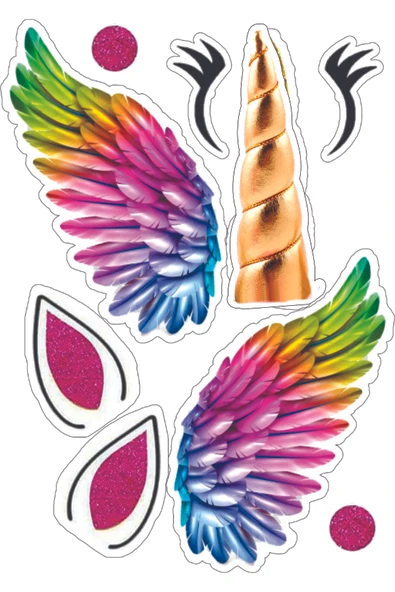 hediyehobihersey Unicorn Kanat Boynuz Kulak Pasta Baskısı, Yenilebilir Kağıt Gıda Baskısı, Resimli Baskı ürün görseli 1