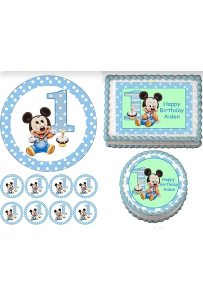 hediyehobihersey Mickey Mouse Baskılı 1 Yaş Resimli Yenilebilir Şeker Kağıt Pasta ve 8 Adet Kurabiye Baskısı ürün görseli 1