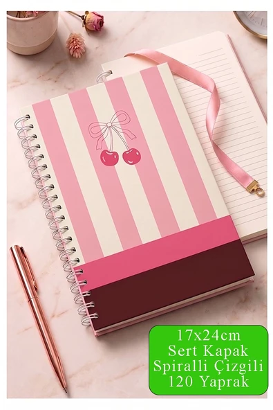 Pembe Sert Kapak Spiralli Çizgili Defter 17x24cm 120 Yaprak 1 Adet Not Defteri Okul Büro Ofis Defteri ürün görseli 1