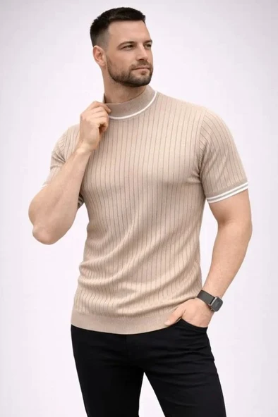 Erkek Fitilli Triko Dokuma Kısa Kol Tişört Yarım Boğaz Modern Yazlık T-Shirt - Bej ürün görseli 1