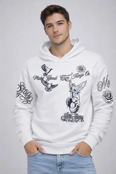 Erkek 3 İplik Pamuklu Kapüşonlu Baskılı SweatShirt Hoodie - Beyaz ürün görseli 1