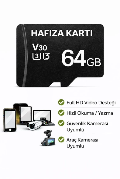 64GB V30 Hafıza Kartı Araç ve Güvenlik Kamerası Video Kayıt Class 10 100MB/s Micro SD Kart ürün görseli 1