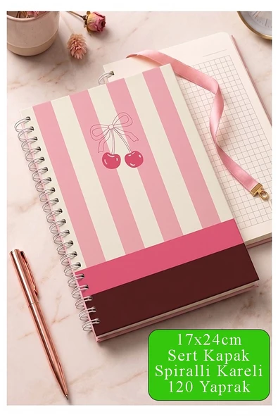 Pembe Sert Kapak Spiralli Kareli Defter 17x24cm 120 Yaprak 1 Adet Not Defteri Okul Büro Ofis Defteri ürün görseli 1