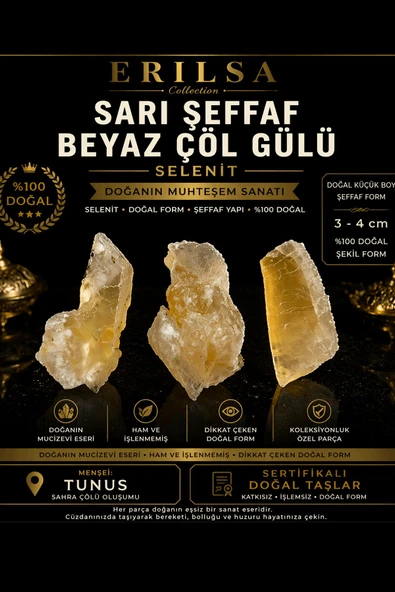 Sertifikalı Sarı Şeffaf Beyaz Çöl Gülü Selenit Taşı 3-4 cm Doğal Kristal Ham Koleksiyonluk ürün görseli 1