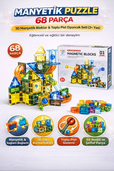 Manyetik Bloklar 68 Parça 3D Yapı Kurma ve Toplu Pist Eğitici Oyuncak Seti ürün görseli 1