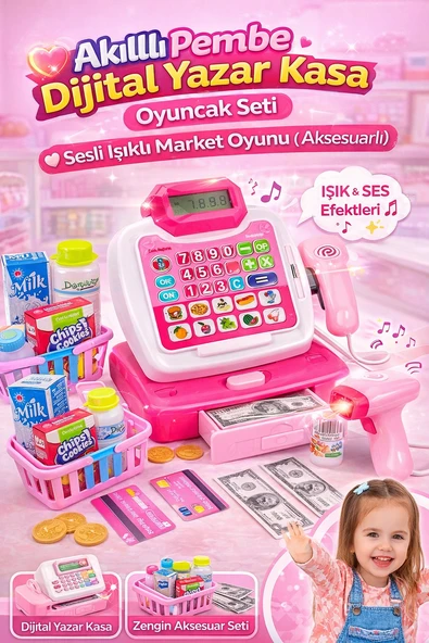 Akıllı Pembe Dijital Yazar Kasa Oyuncak Seti Sesli Işıklı Market Oyunu Aksesuarlı ürün görseli 1