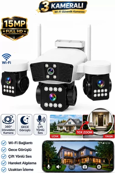 RX95W WİFİ 3 Kameralı Güvenlik Kamerası 15MP ULTRA HD PTZ Hareketli Sesli Gece Görüşlü Akıllı Kamera ürün görseli 1
