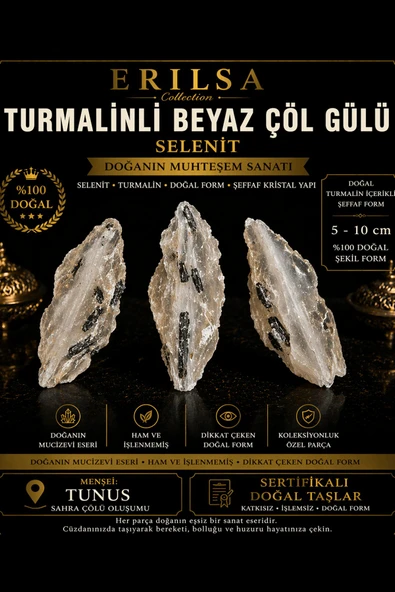 Sertifikalı Turmalinli Beyaz Çöl Gülü Selenit Taşı Kütle - 5-10 cm Doğal Ham Kristal Nadir Parça ürün görseli 1