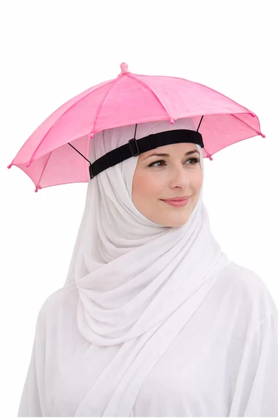 Hac ve Umre Kafa Şemsiyesi - Güneşten Koruyucu Pratik Şapka Şemsiye - Pembe ürün görseli 1