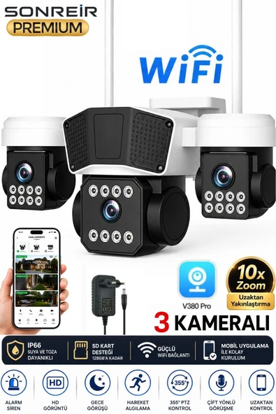 RX95W WİFİ 3 Kameralı Güvenlik Kamerası 15MP ULTRA HD PTZ Hareketli Sesli Gece Görüşlü Akıllı Kamera ürün görseli 1