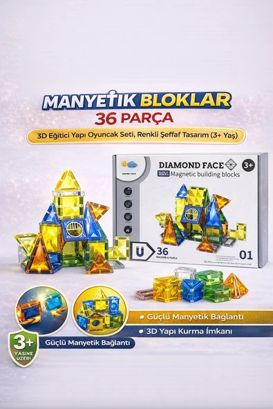 Manyetik Bloklar 36 Parça 3D Eğitici Yapı Oyuncak Seti, Renkli Şeffaf Tasarım ürün görseli 1