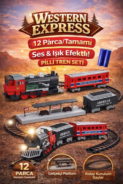 Western Express Pilli Tren Seti 12 Parça Işıklı Hareketli Klasik Tren Macerası ürün görseli 1