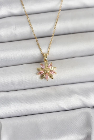 316L Çelik Zincir Gold Renk Pembe Papatya Model Kadın Kolye TJ-BKO11030 ürün görseli 1