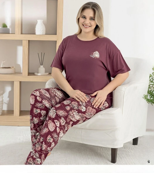 Pijamoni Kadın Ring Viskon Bisiklet Yaka Kısa Kol İnce Pijama Takımı 1445/7 - 1 Adet  Bordo 2XL ürün görseli 1