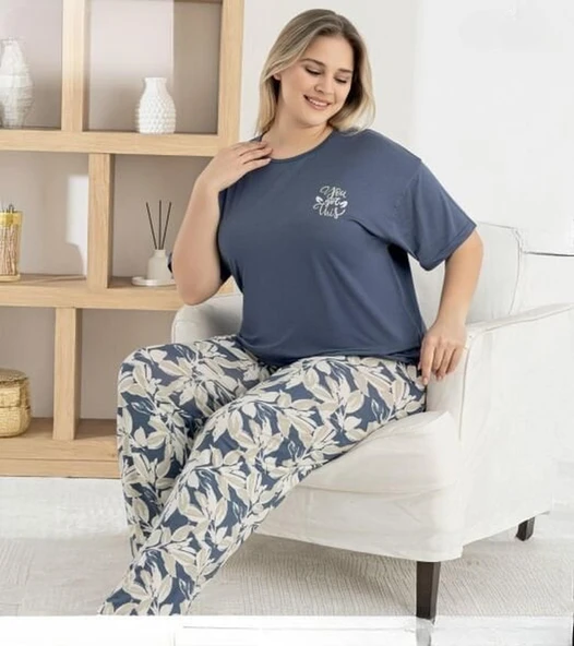 Pijamoni Kadın Ring Viskon Bisiklet Yaka Kısa Kol İnce Pijama Takımı 1445/9 - 1 Adet  L Füme ürün görseli 1