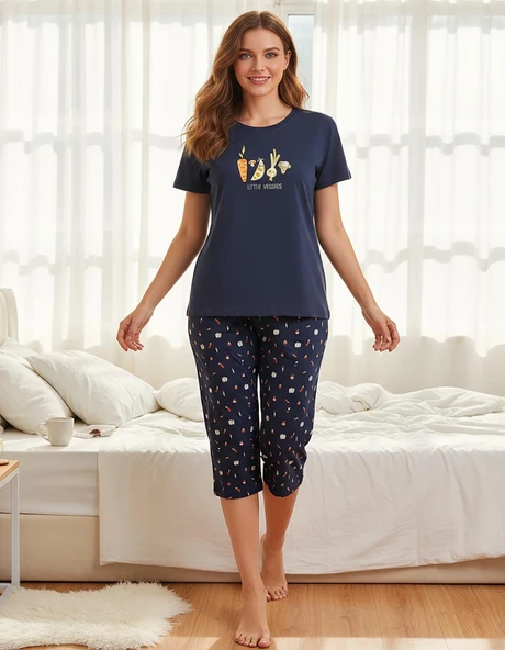 Mihra Kadın %100 Pamuk Bisiklet Yaka Kısa Kol KAPRİ  Pijama Takımı 90787L - 1 Adet  XL Lacivert ürün görseli 1