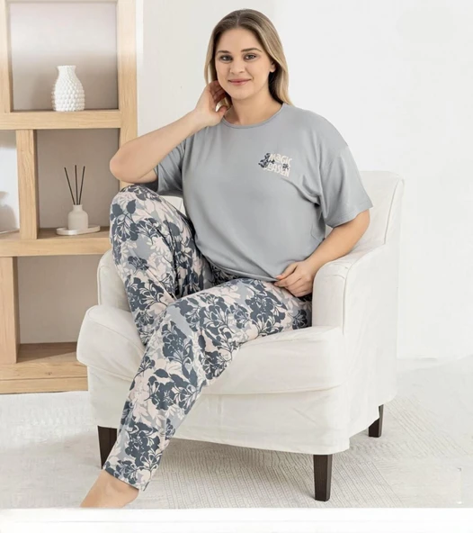 Pijamoni Kadın Ring Viskon Bisiklet Yaka Kısa Kol İnce Pijama Takımı 1445/4 - 1 Adet  L Gri ürün görseli 1