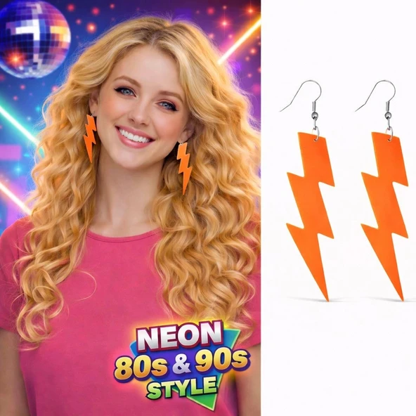 80’ler 90'lar Retro Neon Turuncu Şimşek Küpe 10 cm ürün görseli 1