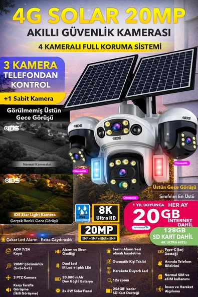 3 HAREKETLİ 4 KAMERA 20MP SIM KARTLI SOLAR 4G GÜNEŞ ENERJİLİ GÜVENLİK KAMERASI SD KART İNTERNT DAHİL ürün görseli 1