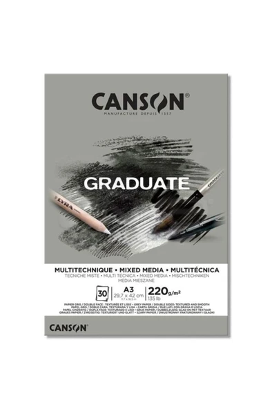 Canson A3 Çizim Bloğu (Çizim Defteri) Graduate Mix Media Gri 30 Yaprak 220 Gram 400110372 ürün görseli 1