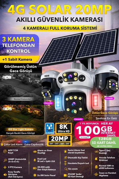 20MP 4 KAMERA 3 HAREKETLİ SIM KARTLI 4G GÜNEŞ ENERJİLİ GÜVENLİK KAMERASI 100GB İNTERNT SD KART DAHİL ürün görseli 1
