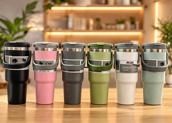 Renkli 700 ml Taşıma Kulplu Paslanmaz Çelik Termos Mug Bardak ürün görseli 1