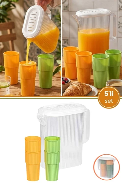 Sürahi ve 4'lü Bardak Seti, Piknik Kamp Mutfak Meşrubat Seti, 3 lt Sürahi + 4 Adet 500ml Bardak ürün görseli 1