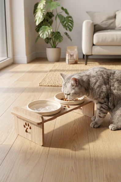 Ahşap Standlı Seramik Kaseli Kedi-Köpek Mama Ve Su Kabı ürün görseli 1