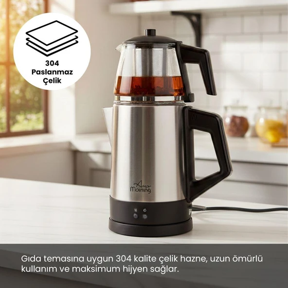 Any Morning OZ26CM05 Cam Demlikli Paslanmaz Çelik Çay Makinesi ürün görseli 1