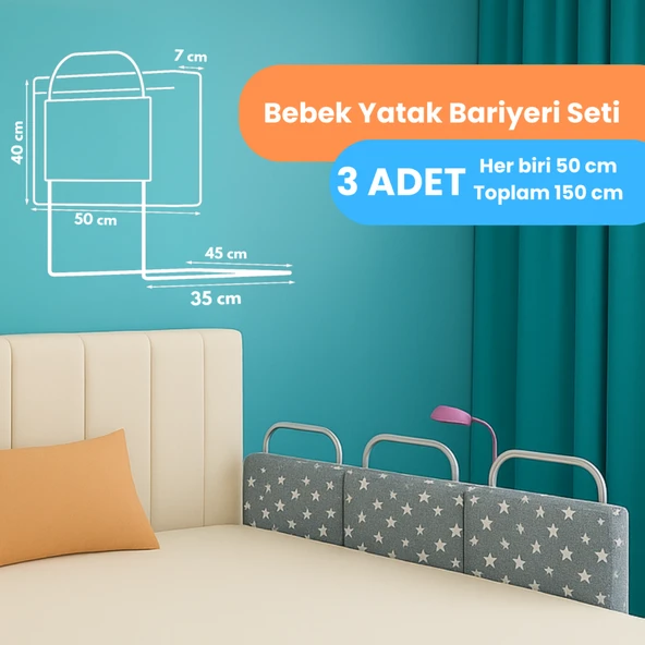 Miralay Yeni Nesil Yatak Bariyeri 50 x 40 Gri Yıldız ( 3 Adet ) ürün görseli 1