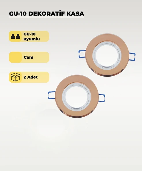 Rose Gold GU10 Uyumlu Cam Spot Kasa (2 Adet) – Dekoratif Gömme Tavan Uyumlu ürün görseli 1