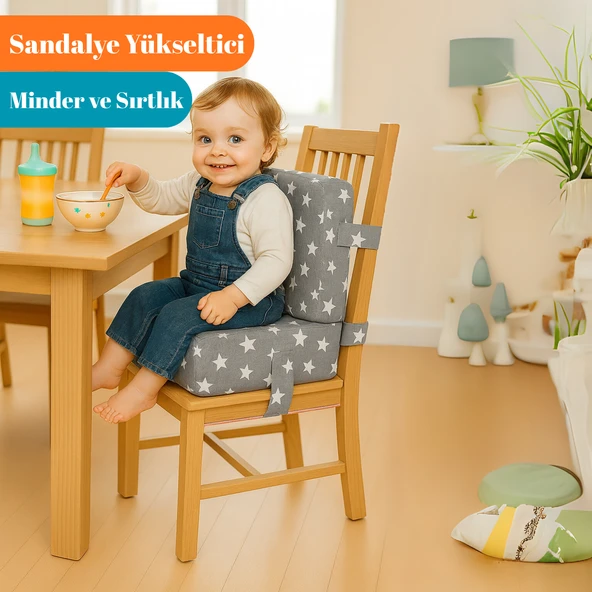 Miralay Bebekler ve Çocuklar İçin Sandalye Yükseltici Mama Sandalyesi Minderi Gri Yıldız ürün görseli 1