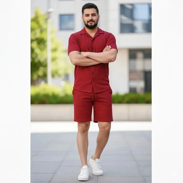 Vexor Erkek Waffle Kumaş Kısa Kollu Gömlek Şort Takım Regular Fit Yazlık İkili Set - Bordo ürün görseli 1