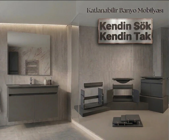 Creavit Flexio 80 cm Katlanabilir Banyo Dolabı Antrasit Set ürün görseli 1