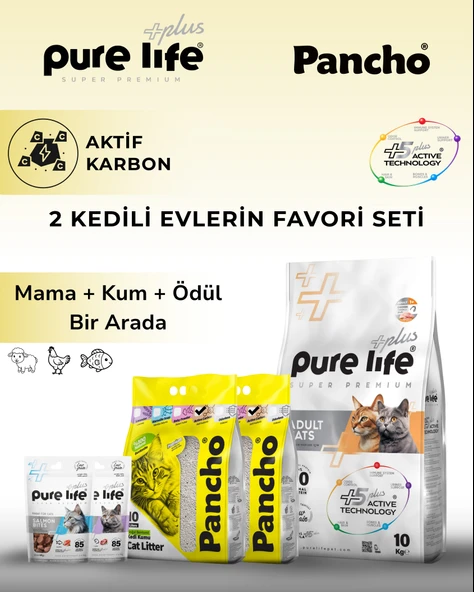 2 Kedili Evlere Özel Kedi Bakım Seti Pure Life 10 Kg Tavuklu Mama + Pancho Kum + 2 Ödül Maması ürün görseli 1