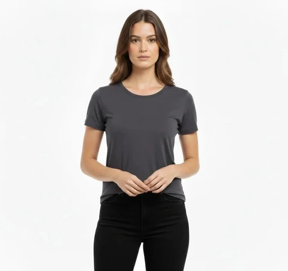 Vexor T-Shirt Bisiklet Yaka Slim Fit Likralı Tişört Günlük Basic Body - Füme ürün görseli 1