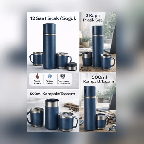 500ml Vakumlu Termos Seti 2 Kaplı | 12 Saat Sıcak/Soğuk | Taşınabilir Bardaklı Termos Set (Mavi) ürün görseli 1