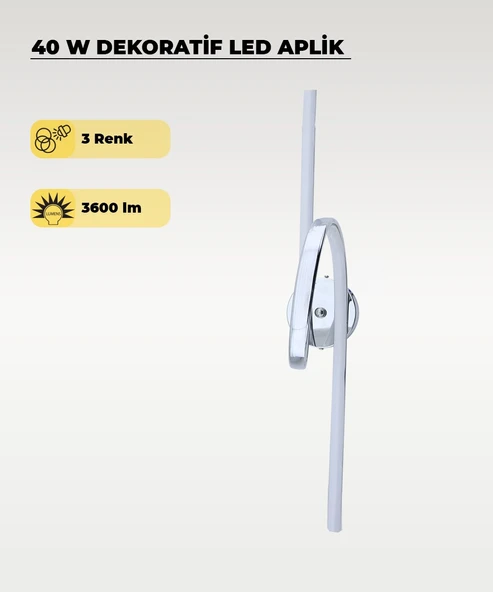 40W LED Dekoratif Aplik – 3 Renk Işık (Sarı/Beyaz/Gün Işığı) Krom Modern Duvar Aydınlatması ürün görseli 1