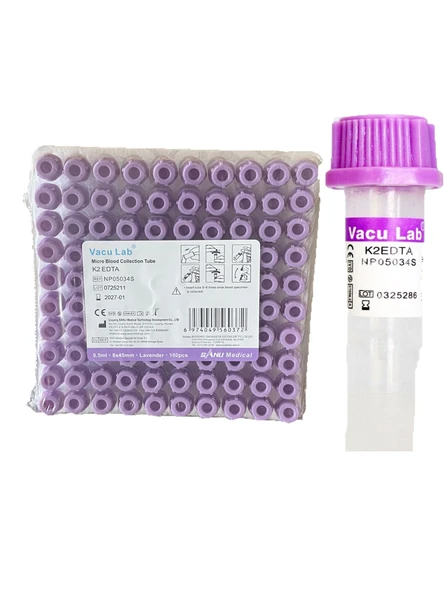 Vacu-lab K2 Edtalı Tüp 0,5 Ml Pediatrik Mor Kapak 100'lü Paket ürün görseli 1